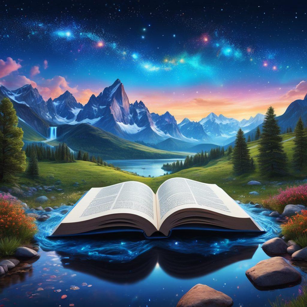 A whimsical scene depicting an open book with pages transforming into various landscapes; one side portrays a serene nature adventure with mountains and rivers, while the other showcases futuristic tech scenes with gadgets and innovations. Above the book, thought bubbles illustrate personal reflections, like dreams and ideas swirling in vibrant colors. The sky is filled with stars, symbolizing exploration and discovery. The overall ambiance is enchanting and thought-provoking. super-realistic. vibrant colors. 3D.