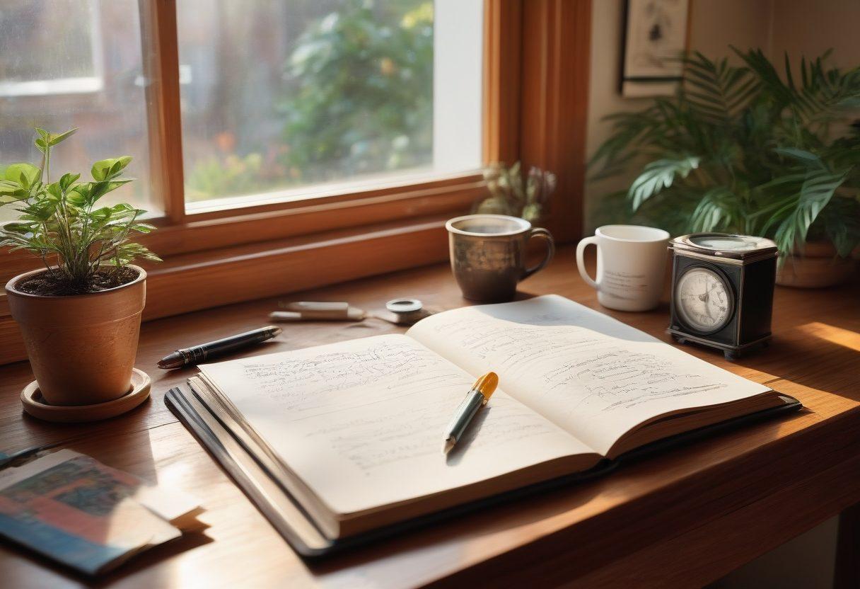 A cozy workspace featuring an open journal filled with handwritten notes and sketches. Surrounding the journal are travel mementos like a compass, postcards, and a steaming cup of coffee. Soft sunlight filters through a window, illuminating the scene, evoking a sense of personal exploration and creativity. Add a calming indoor plant in the background for a touch of nature. super-realistic. warm colors. cozy atmosphere.